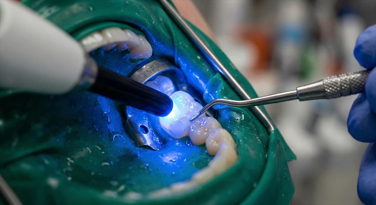 High-intensity LED curing light used for advanced adhesive bonding of composite fillings.
