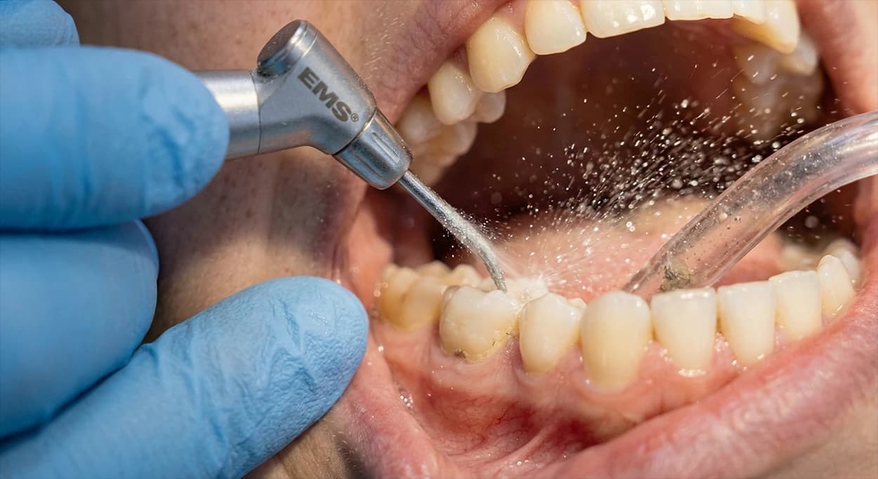Airflow polishing handpiece delivering guided biofilm therapy for stain removal.