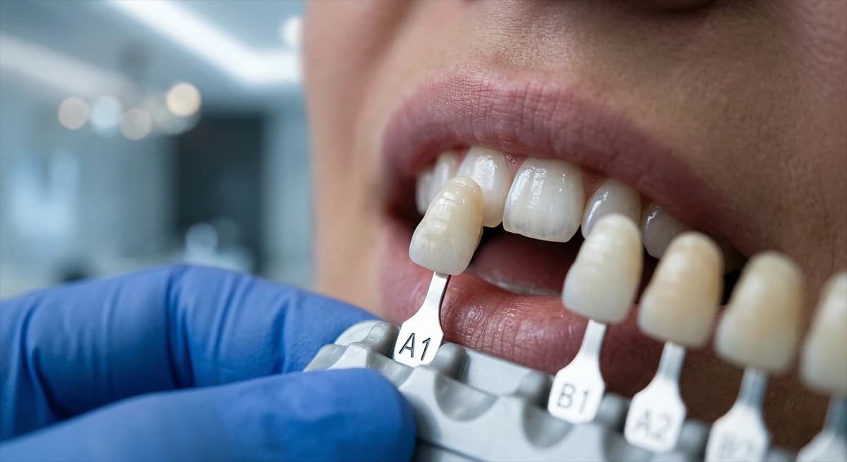 Bespoke shade matching process showing composite resin calibration against natural tooth enamel.