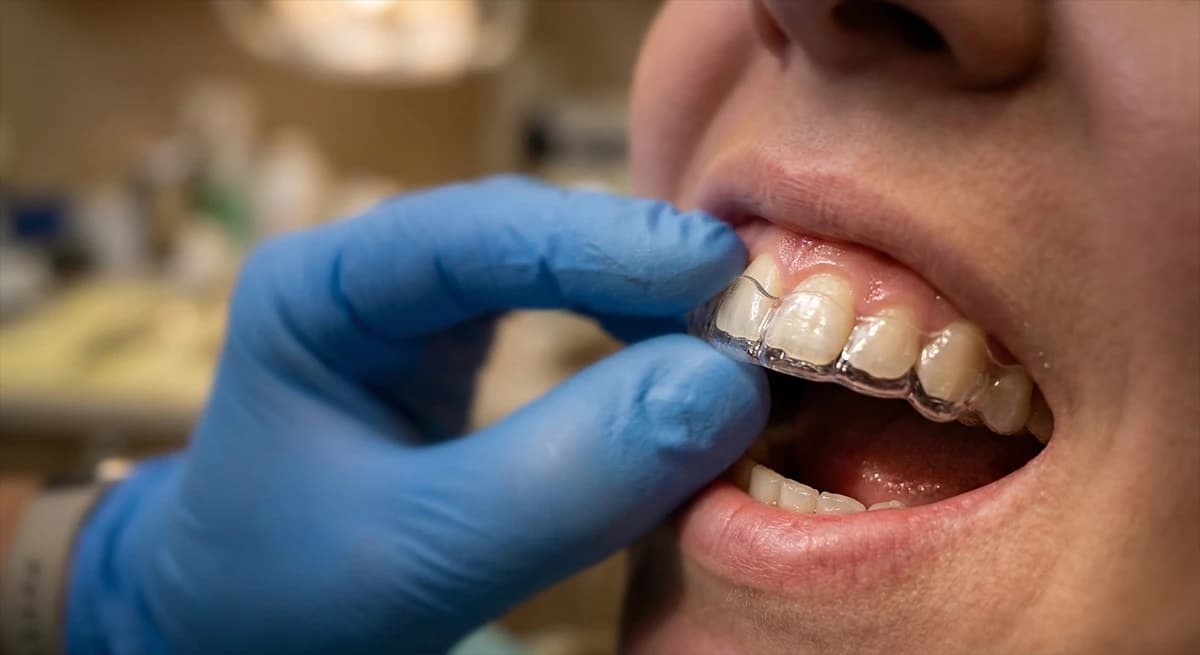 Dental clinician fitting Invisalign aligners for a patient.