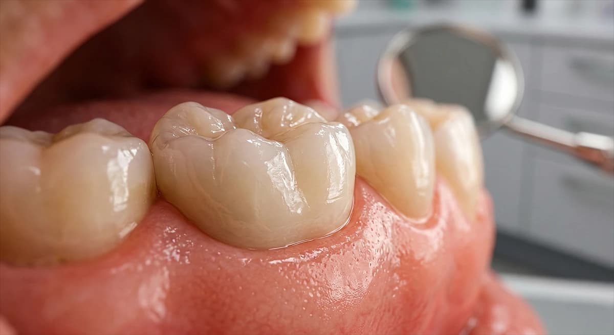 Final restoration showing a natural-looking dental crown protecting a root canal-treated tooth.