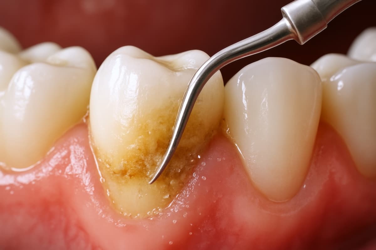 Macro clinical photograph showing the precision removal of hardened dental calculus using a professional scaler.